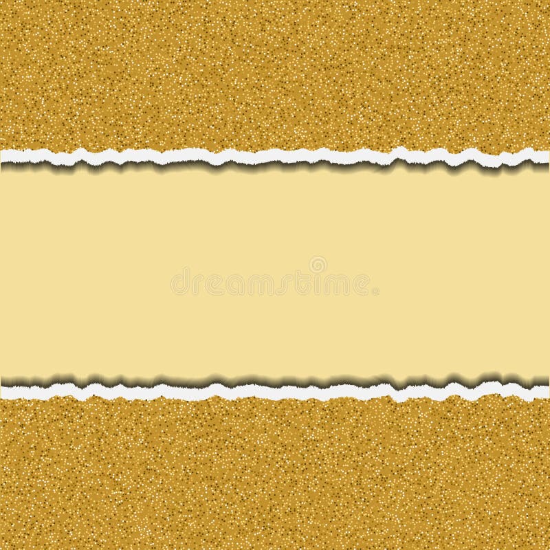 Gold glittering torn paper pieces. Ripped paper frame vector illustration, design element stock illustration