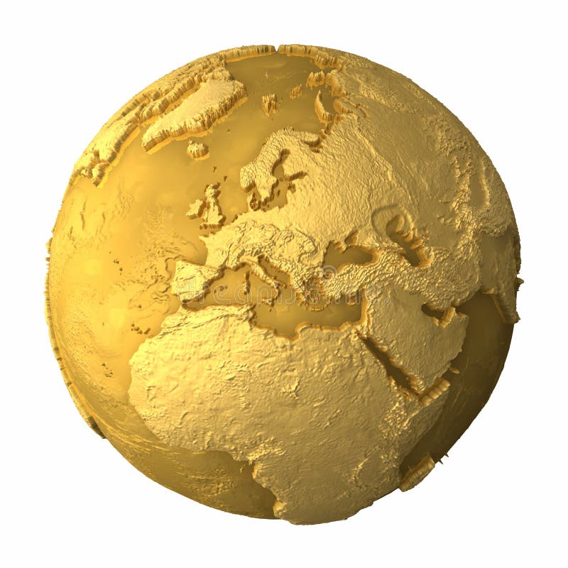 Zlato zemegule kov Zem realistický topografie európa,  trojrozmerná grafika vykreslená počítačom.