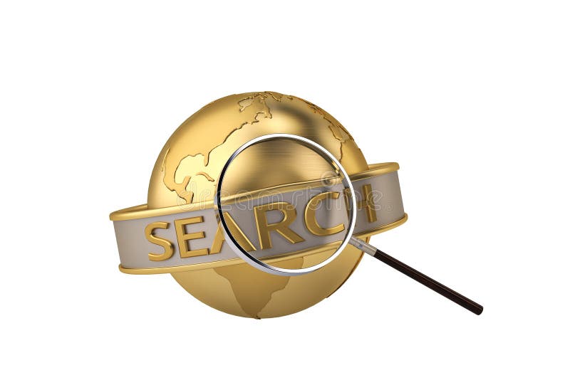 Gold globe with magnifying glass.3D illustration. royalty free illustration Gold globe with magnifying glass.3D illustration. royalty free illustration
