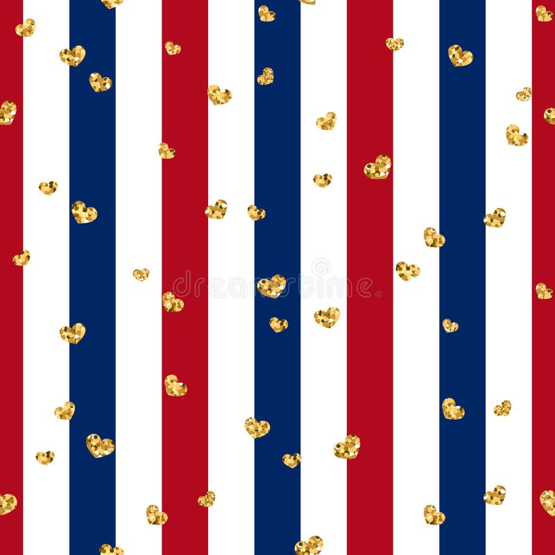 Gold heart seamless pattern. Red-blue-white geometric stripes, golden confetti-hearts. Symbol of love, Valentine day vector illustration Gold heart seamless pattern. Red-blue-white geometric stripes, golden confetti-hearts. Symbol of love, Valentine day vector illustration