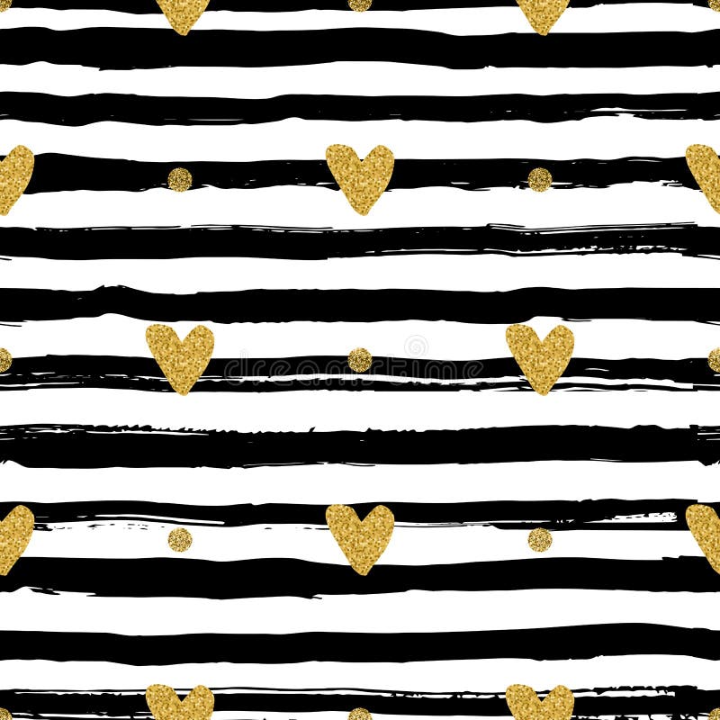 Gold hearts seamless pattern, hand-drawn black stripes brush and ink