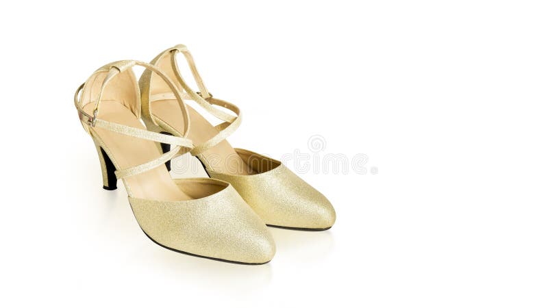 Gold High Heels Shoes Woman for Fashion. Beautiful Luxury High-Heeled Shoe, Side View. A Pair of High Heel in Shining Golden Color