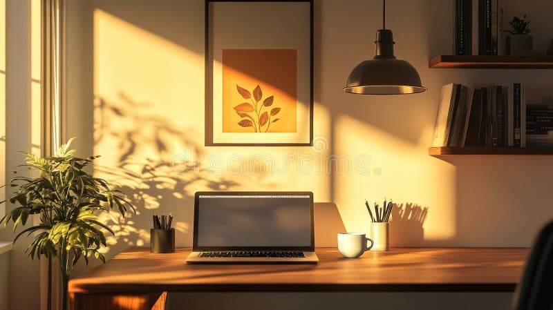Gold hour workspace иллюстрация ноутбуков и книг в солнечном помещении бесплатная иллюстрация