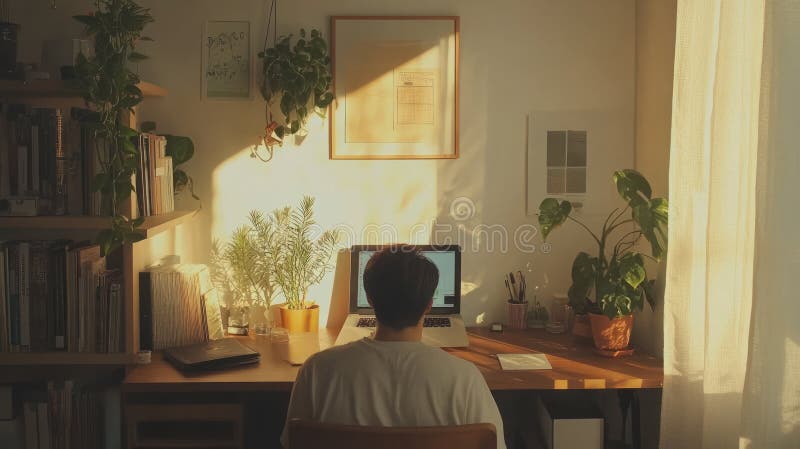 Gold hour workspace иллюстрация уютный домашний офис с растениями и ноутбуком иллюстрация штока