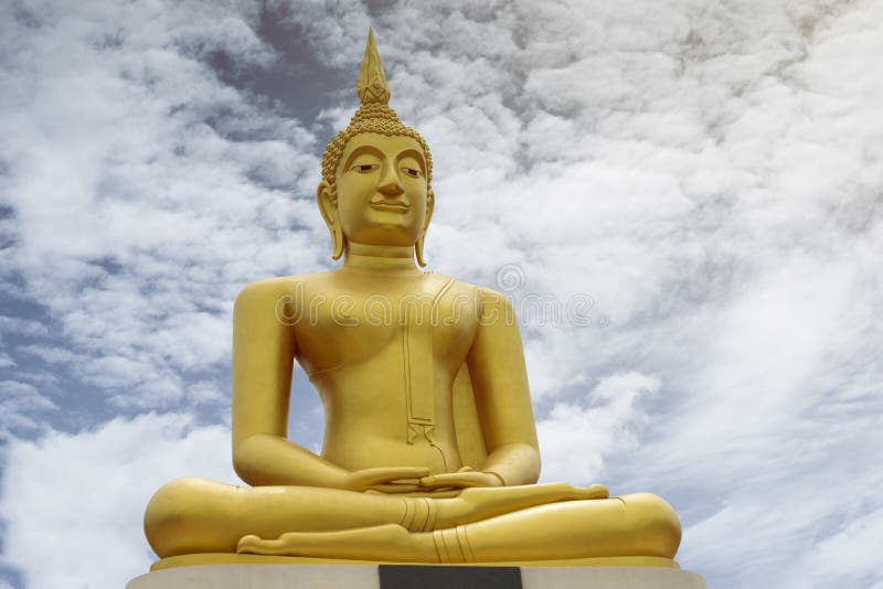 Gold image of Buddha with blue sky and cloud, mountain with temple on hilltop, light effect added in back of image of buddha