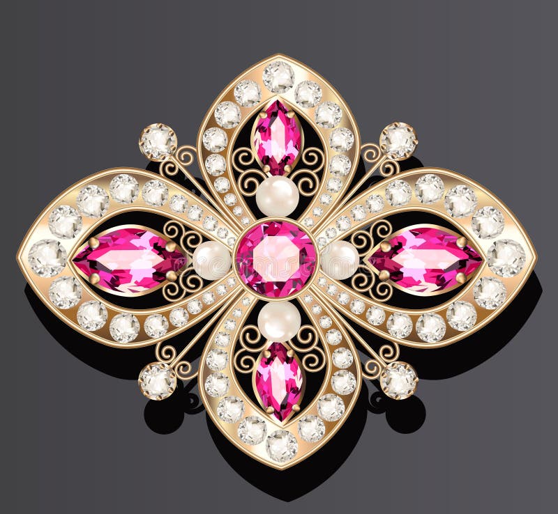 gold jewelry brooch with rubies and pearls