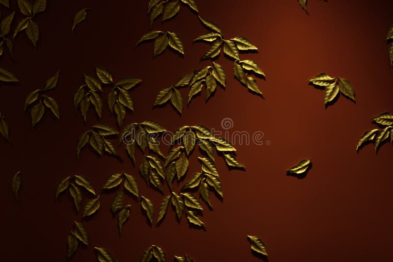 Gold leaves on a red wall, background and texture