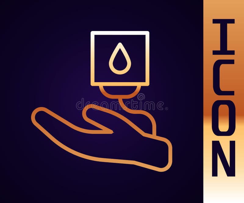 Gold Line Blood Donation Icon Isolated on Black Background. Vector