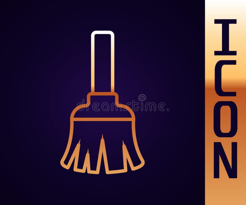 Gold Line Feather Broom For Cleaning Icon Isolated On Black Background