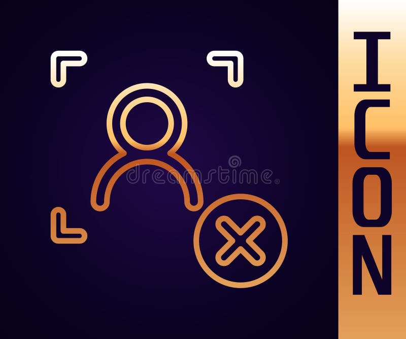 Gold line Rejection face recognition icon isolated on black background. Face identification scanner icon. Facial id vector illustration