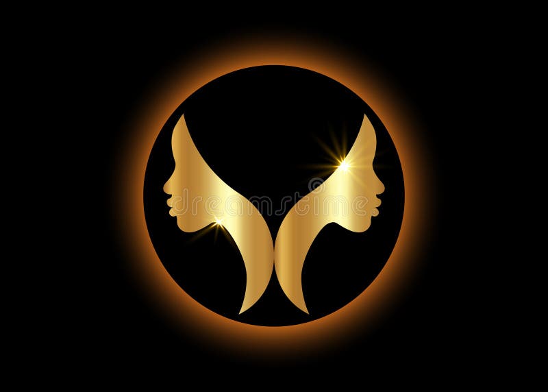 Gold logo round design African american woman face profile. Golden Women profile silhouette on the black background. Vector illust