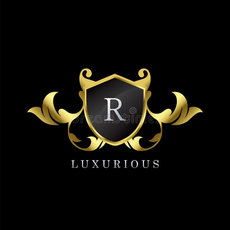 Gold Luxury Shield R Letter Logo. Elegance logo vector template made of wide silver alphabet font on shield frame ornate luxury stock illustration Gold Luxury Shield R Letter Logo. Elegance logo vector template made of wide silver alphabet font on shield frame ornate luxury stock illustration