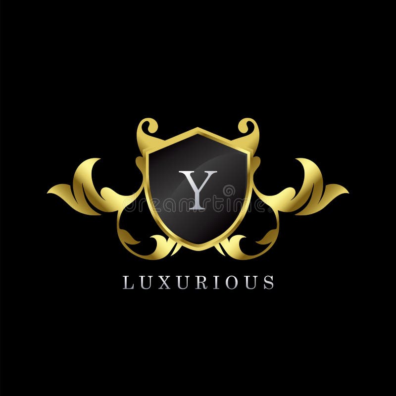 Gold Luxury Shield Y Letter Logo. Elegance logo vector template made of wide silver alphabet font on shield frame ornate luxury vector illustration Gold Luxury Shield Y Letter Logo. Elegance logo vector template made of wide silver alphabet font on shield frame ornate luxury vector illustration