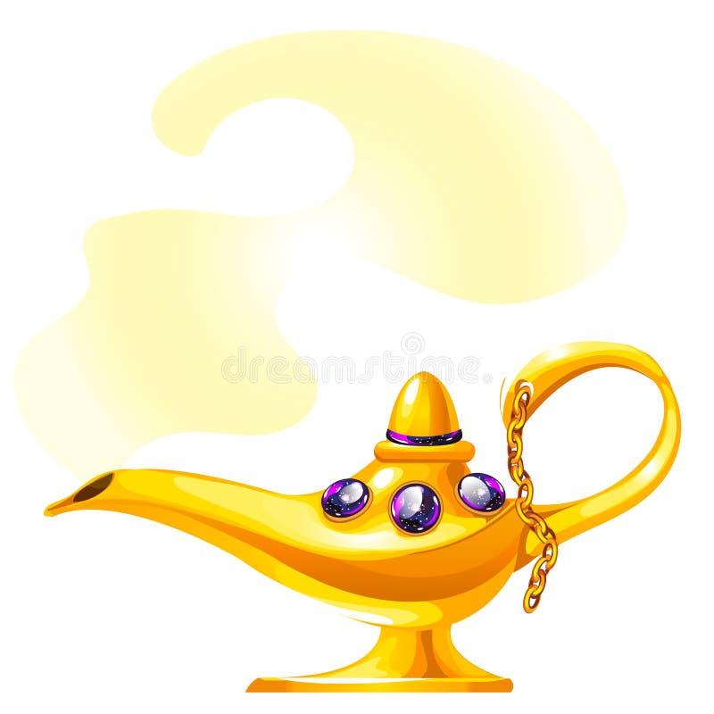 A gold magic oil lamp isolated on white background. Vector cartoon close-up illustration.