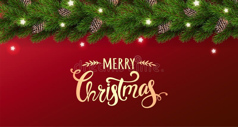 Gold Merry Christmas text on red background with garland of Christmas tree branches, stars. Xmas and New Year card. Vector