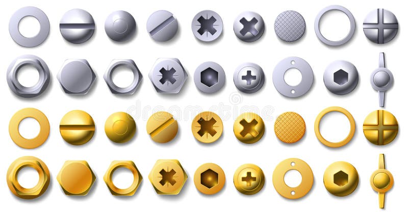 Gold and metal screw, rivet and bolt heads top view. 3d brass and steel nail, buttons, hexagon and circle shaped nuts