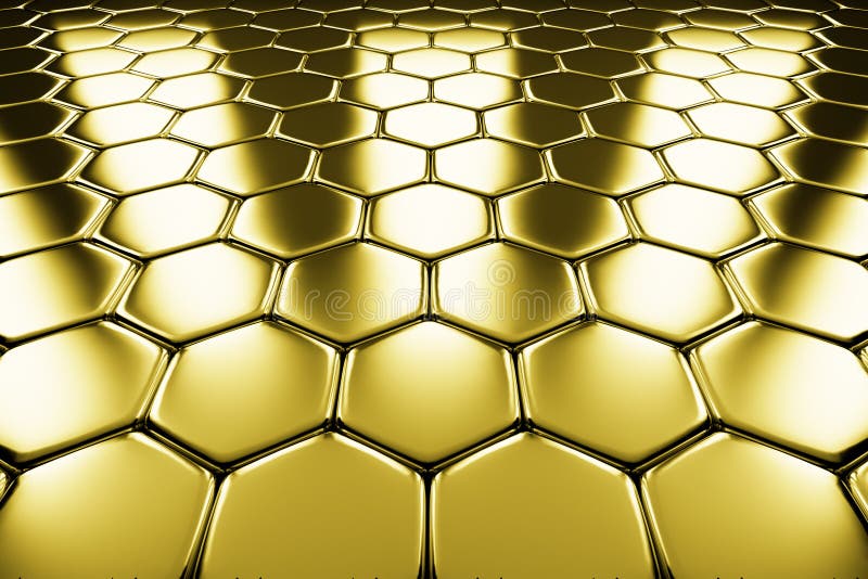 Gold metal surface of golden hexagons perspective view