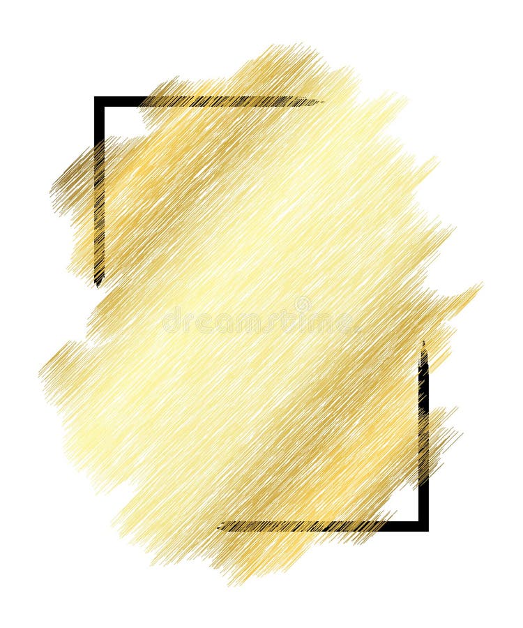 Gold metall texture, black frame. Golden color paint stroke isolated white background. Glitter stain design bright royalty free illustration