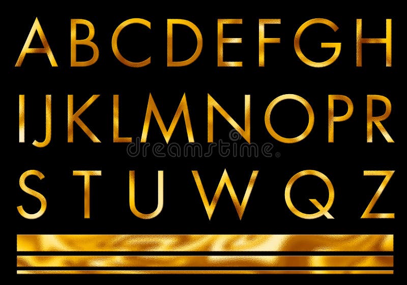 vintage font yellow gold metallic alphabet letters word text series symbol  sign on black background, concept of golden luxury alphabet decoration  Stock Illustration