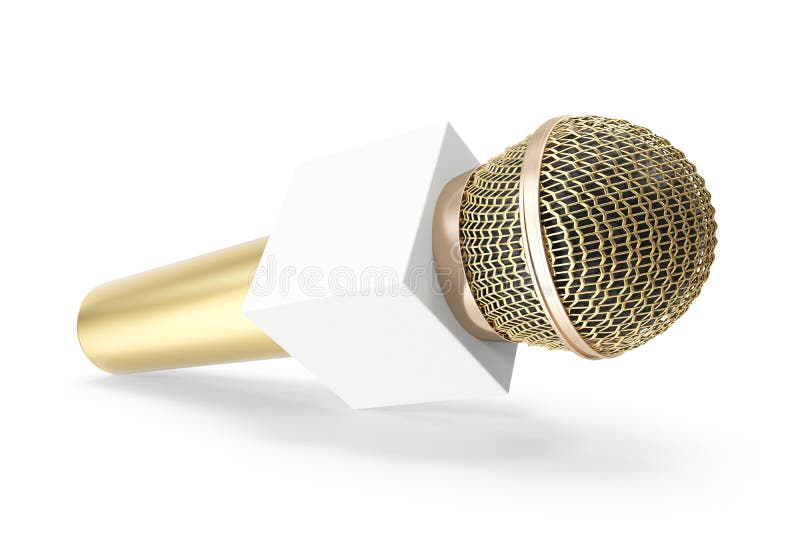 Gold Microphone isolated on white. Karaoke or news concept with space box 3d rendering royalty free illustration