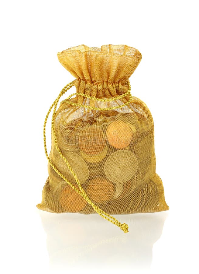 Golden Burlap Sack White Background Isolated Close Up, Gold Bag Full of Treasure, Precious Pack