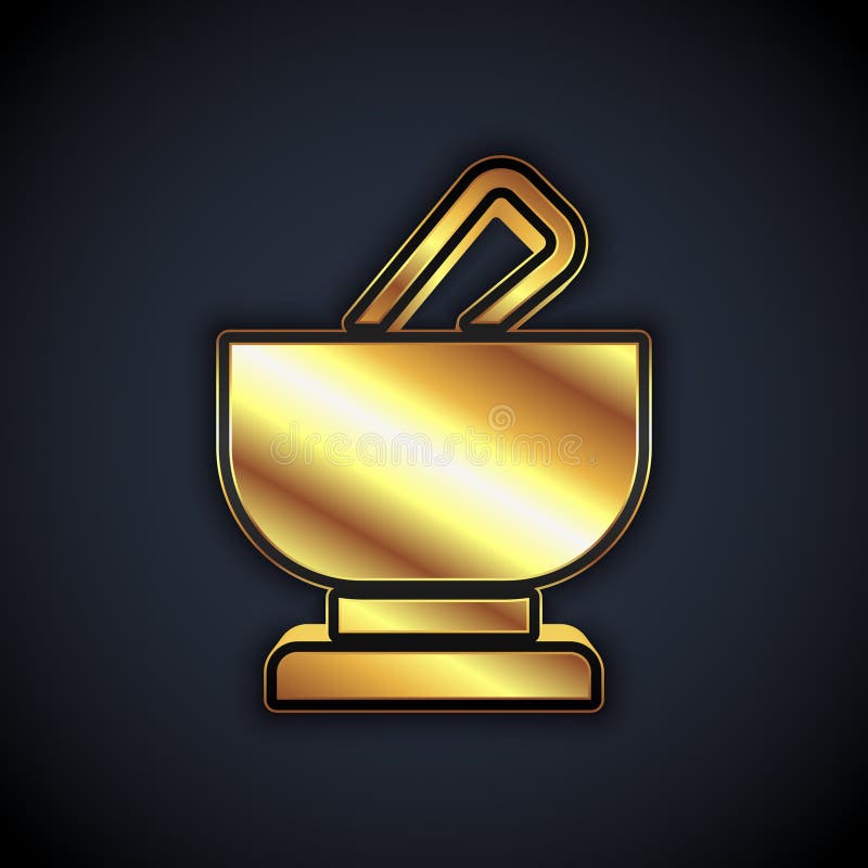 Gold Mortar and Pestle Icon Isolated on Black Background. Vector Stock Vector Illustration of