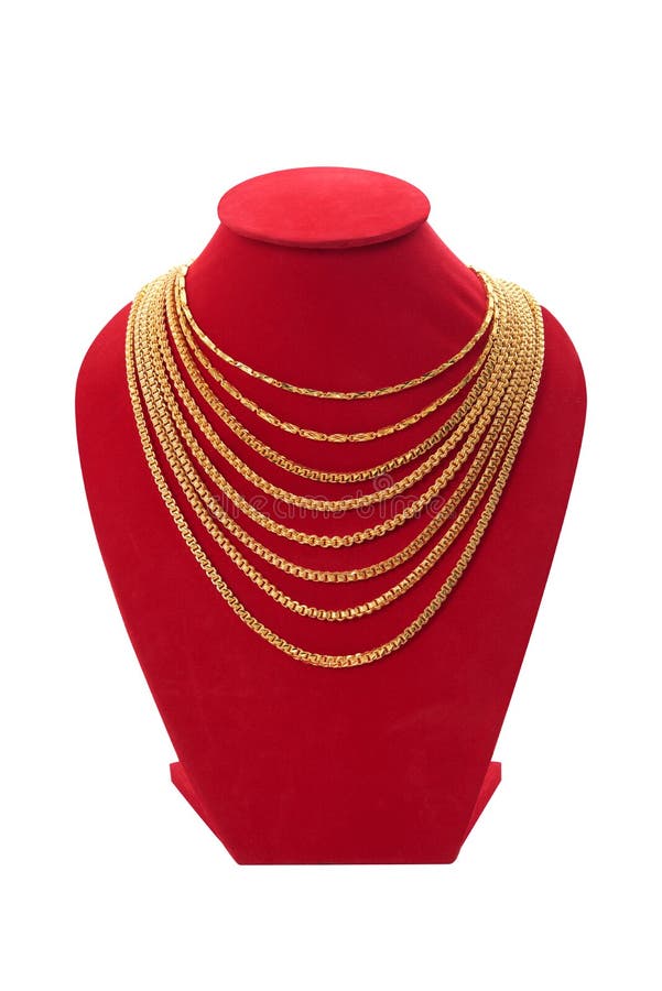 Gold Necklaces on Red Necklace Display Stand. Isolated on White