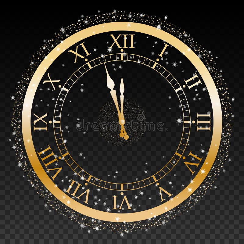 Gold New Year Clock on a transparent background Vector