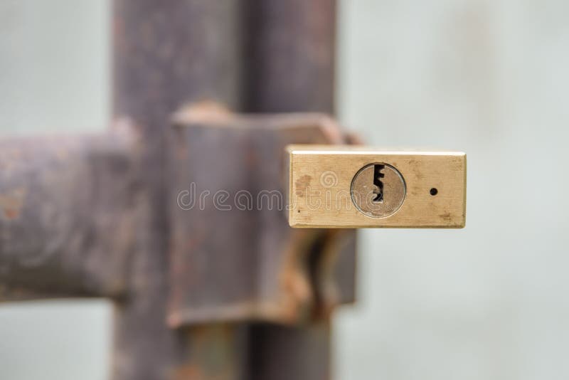 Gold Padlock Lock on House Gate, Can See Keyhole Stock Photo Image of