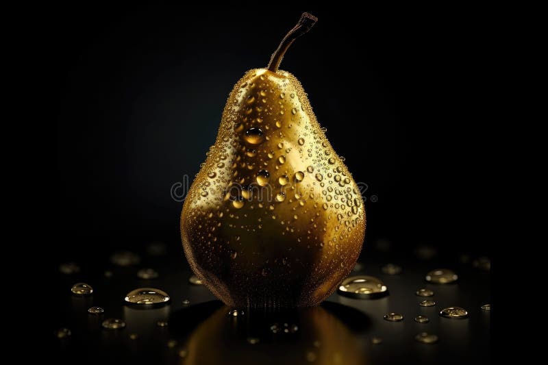 Gold Pear with Drops on Black Gradient Background. Generative AI Stock
