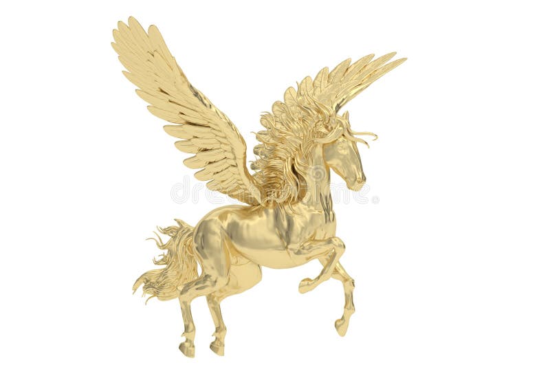 Gold Pegasus Isolated on White Background. 3D Rendering Stock