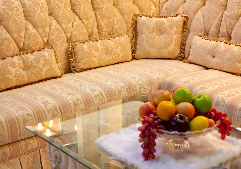 Gold Sofa, Pillow And Carpet Stock Image Image of decor, interior
