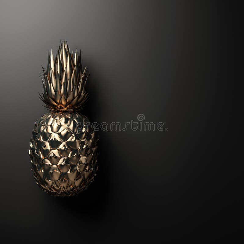 Gold Pineapple on Black Background 3D Rendering Stock Illustration