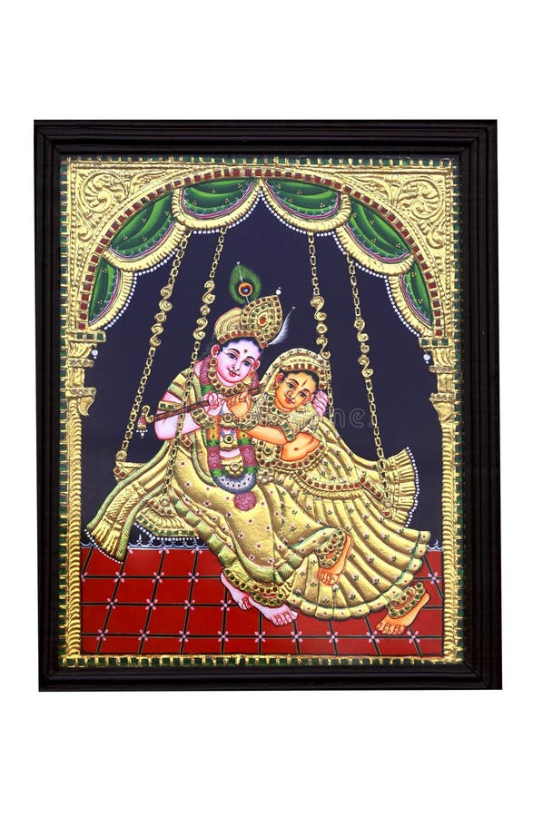 Gold plated krishna and radha painting stock images