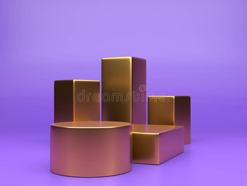 Gold podium shelf or empty pedestal display on vivid purple background with minimal style. Blank stand for showing 3d rendering stock illustration