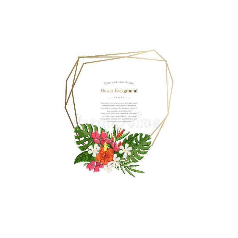 Gold poligonal frame with tropical flowers,leaves isolated royalty free illustration Gold poligonal frame with tropical flowers,leaves isolated royalty free illustration