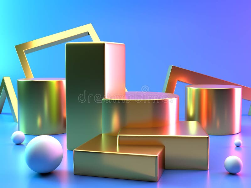 Gold product display stand or podium pedestal on with blank Gold color backdrops. Modern minimal. 3D rendering vector illustration