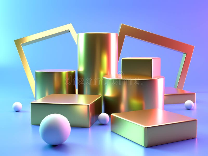 Gold product display stand or podium pedestal on with blank Gold color backdrops. Modern minimal. 3D rendering royalty free illustration