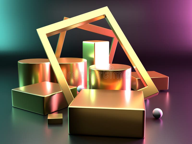 Gold product display stand or podium pedestal on with blank Gold color backdrops. Modern minimal. 3D rendering royalty free illustration