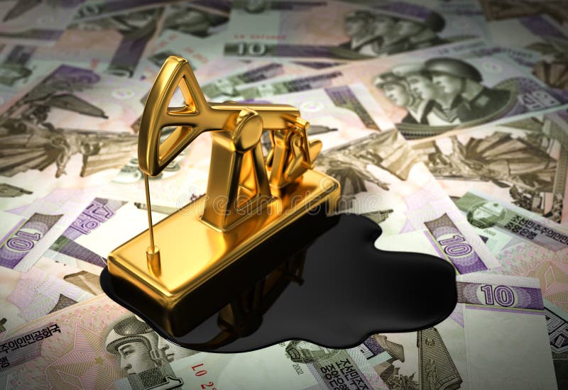 Gold Pumpjack und verschüttetes Öl auf Nordkoreaner Wons stock abbildung Gold Pumpjack und verschüttetes Öl auf Nordkoreaner Wons stock abbildung
