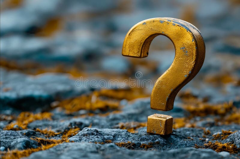 A gold question mark is on a rocky surface. Generative AI royalty free stock images