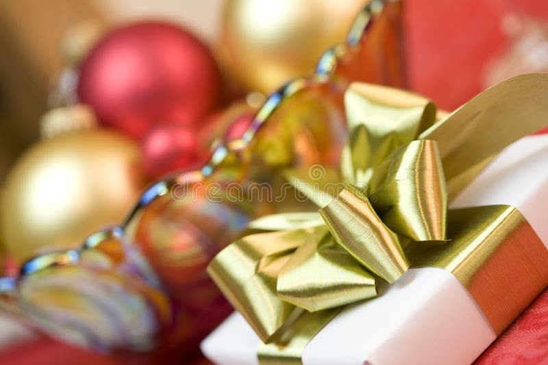 Gold Ribbon Christmas Present Stock Photo Image of present, bowl