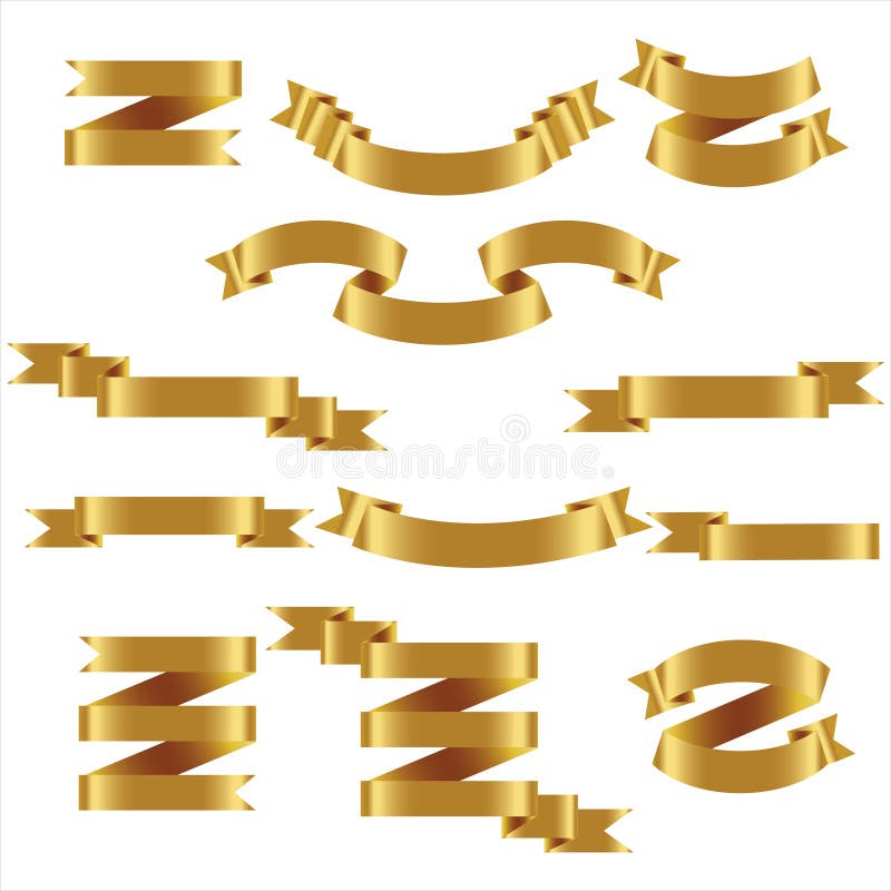 Gold Ribbon Set in Isolated White Background, Vector Illustration Stock