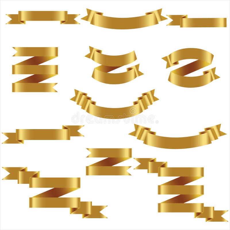 Gold Ribbon Set in Isolated White Background, Vector Illustration Stock
