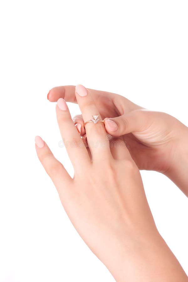 Gold Ring with a Diamond on a Female Hand Stock Image Image of