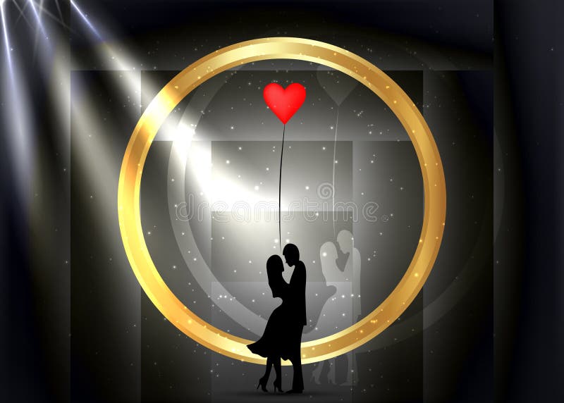Gold ring valentines day concept, romantic golden silhouette of loving couple with red heart shaped balloon. Valentine`s Day 14