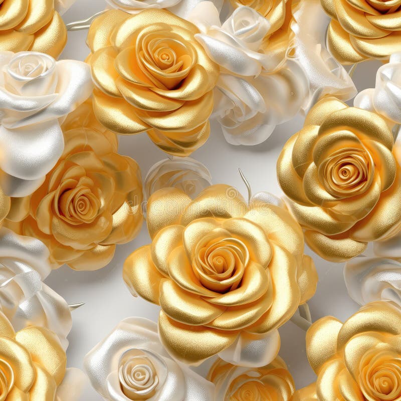 Gold Rose Flowers Glitter White Background Tile Seamless Background