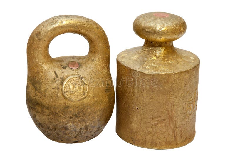The Gold Rusty Kitchen Scale Weights on White Background Stock Photo