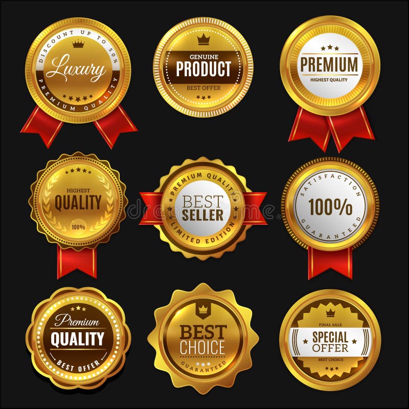 Gold sale badges. Premium golden emblem, luxury genuine and highest quality product badge, best seller offer, round