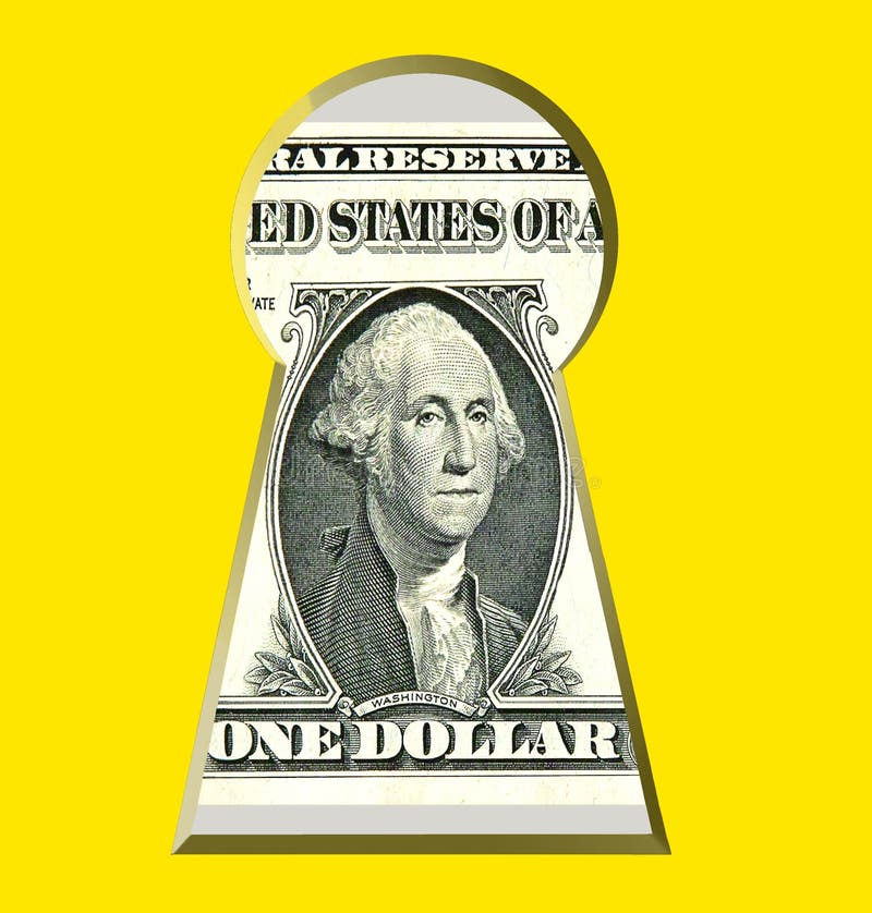 Money, US Dollar 1 is seen trough keyhole. The gold background is free for your text. Money, US Dollar 1 is seen trough keyhole. The gold background is free for your text.